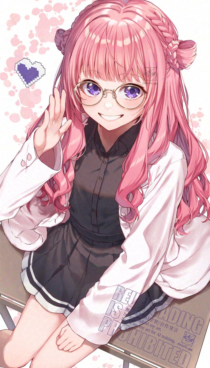 1girl absurdres black_shirt black_skirt blue_eyes blush braid glasses grin heart highres jacket long_hair looking_at_viewer mochi_ggg nijisanji open_clothes open_jacket pink_hair shirt signature sitting skirt smile solo suo_sango suo_sango_(3rd_costume) twitter_username virtual_youtuber watermark