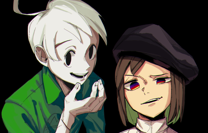 2boys ahoge beret black_background black_eyes black_hat brown_hair collared_shirt colored_inner_hair colored_pencils_(paper_mario) colored_skin crazy crazy_smile crest dress_shirt eyelashes facial_scar fang fang_out fingernails furrowed_brow green_hair green_shirt half-closed_eye hand_up hat height_difference high_collar highres laughing long_sleeves looking_at_viewer male_focus mario_(series) multicolored_eyes multicolored_hair multiple_boys mumumu57hiro nintendo open_mouth paper_mario paper_mario:_the_origami_king personification scar scar_on_arm scar_on_cheek scar_on_face scar_on_forehead scissors_(paper_mario) shirt short_hair simple_background smile tareme teeth upper_body upper_teeth_only white_hair white_shirt white_skin