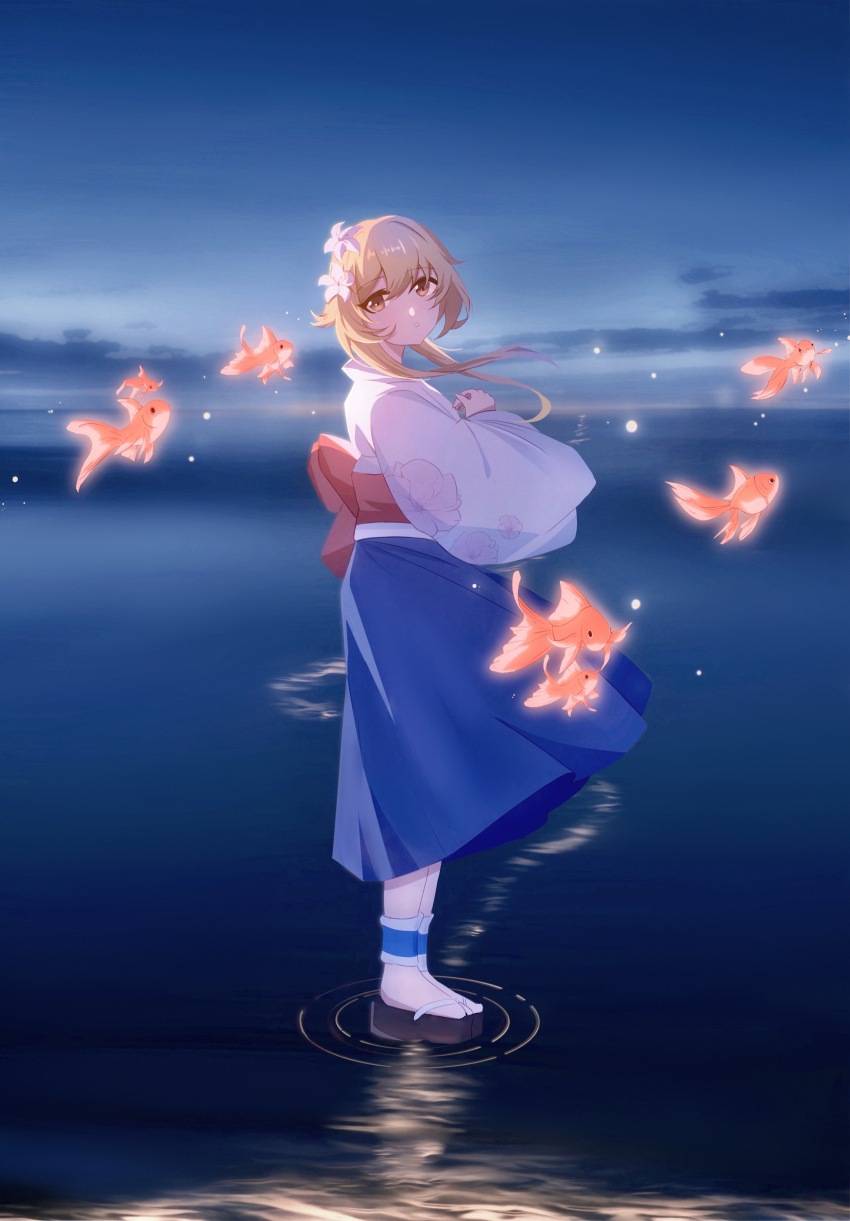 1girl absurdres animal black_sandals blonde_hair blue_skirt blush brown_eyes cloud commentary_request euzh266 fish flower from_side genshin_impact hair_between_eyes hair_flower hair_ornament highres japanese_clothes kimono long_hair long_sleeves lumine_(genshin_impact) outdoors pantyhose ripples sandals sidelocks skirt solo standing standing_on_liquid sunrise water white_flower white_kimono white_pantyhose wide_sleeves zouri