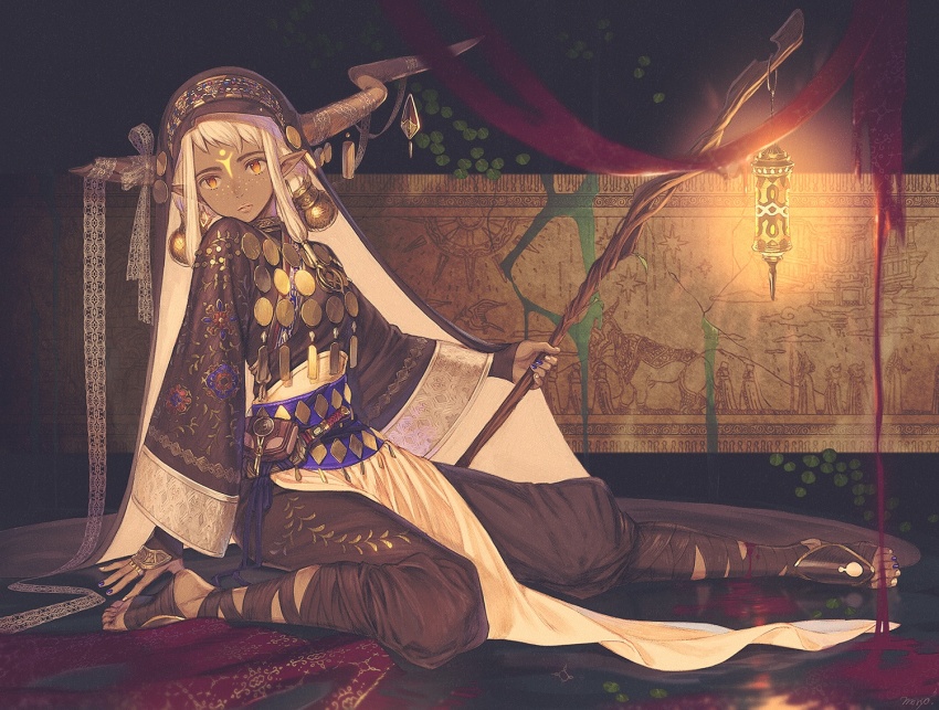 1girl broken_horn dark_skin dark-skinned_female facial_mark forehead_mark full_body glowing holding horns long_hair long_sleeves moryo original pointy_ears purple_sash reflection sash sitting solo staff white_hair wide_sleeves