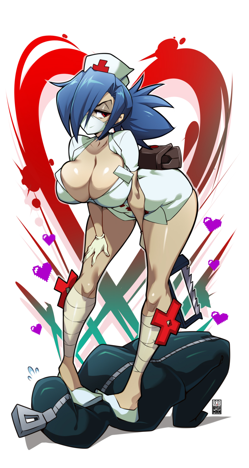 +_+ 1girl bayeuxman belt_pouch blood blood_splatter blue_hair body_bag bonesaw breasts choker cleavage eyepatch full_body gloves hair_over_one_eye hand_on_own_thigh hat heart highres large_breasts latex latex_gloves leaning_forward leg_wrap looking_to_the_side mask mouth_mask name_tag nurse_cap pigeon-toed ponytail pouch red_eyes saw skullgirls solo standing standing_on_person surgical_mask sweatdrop symbol-shaped_pupils thick_thighs thighs valentine_(skullgirls) wide_hips