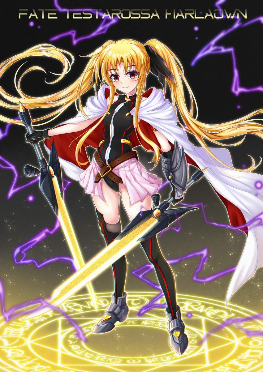 1girl absurdres bardiche_(nanoha) bardiche_(riot_zanber_stinger)_(nanoha) blonde_hair fate_testarossa fate_testarossa_(blaze_form) fate_testarossa_(lightning_form)_(2nd) highres looking_at_viewer lyrical_nanoha magic_circle magical_girl mahou_shoujo_lyrical_nanoha miying_(13975192760) red_eyes smile solo standing standing_on_magic_circle twintails