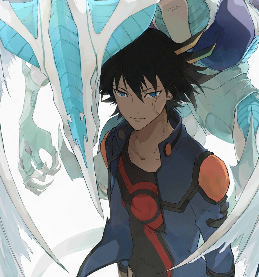 1boy arms_at_sides black_hair black_shirt blue_eyes blue_jacket blue_trim brown_gloves dragon dragon_wings facial_mark facing_to_the_side flying fudo_yusei gloves highres jacket looking_at_viewer open_clothes open_jacket popped_collar purple_trim shirt shoulder_pads smmzacb spiked_hair stardust_dragon white_background wind wings yu-gi-oh! yu-gi-oh!_5d&#039;s
