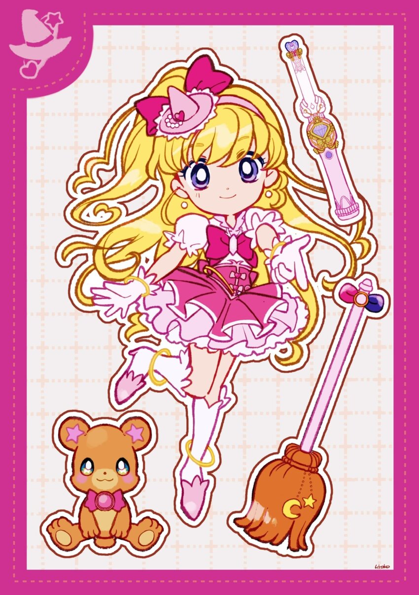 1girl anklet asahina_mirai back_bow blonde_hair border bow bowtie bracelet broom closed_mouth collared_shirt cure_miracle deformed dot_nose dotted_line earrings eyelashes frilled_headwear frilled_skirt frilled_sleeves frills full_body gloves gold_bracelet grey_background grid_background hair_bow hairband happy hat hat_ornament heart heart_hat_ornament heart_wand high-waist_skirt high_heels highres jewelry kneehighs long_hair looking_at_viewer magical_girl mahou_girls_precure! mini_hat mini_witch_hat miniskirt mofurun_(mahou_girls_precure!) one_side_up outline pink_border pink_bow pink_bowtie pink_brooch pink_hairband pink_hat pink_shoes pink_skirt pleated_skirt pointing precure puffy_short_sleeves puffy_sleeves purple_eyes shirt shoes short_sleeves signature skirt smile socks sphere_earrings stiletto_heels swept_bangs tareme uwded_207 very_long_hair wavy_hair white_gloves white_outline white_shirt white_socks witch_hat