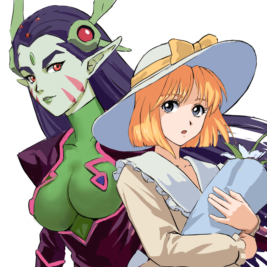2girls absurdres alien blonde_hair blue_eyes bodysuit breasts colored_skin dress flower flower_girl_(macross_7) green_skin hat headgear highres large_breasts looking_at_another looking_to_the_side macross macross_7 multiple_girls nekkikamille open_mouth pointy_ears protodeviln red_eyes science_fiction sivil sketch surprised upper_body