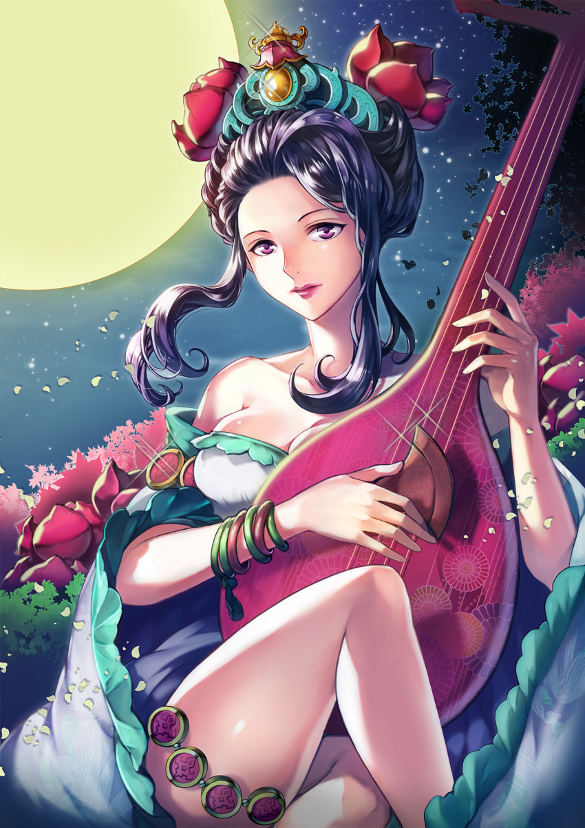 1girl bare_shoulders biwa_lute black_hair bracelet crossed_legs female_focus flower hair_ornament hairpiece highres instrument jewelry long_hair looking_at_viewer lute_(instrument) moon music night night_sky original petals playing_instrument purple_eyes sitting sky solo twenty