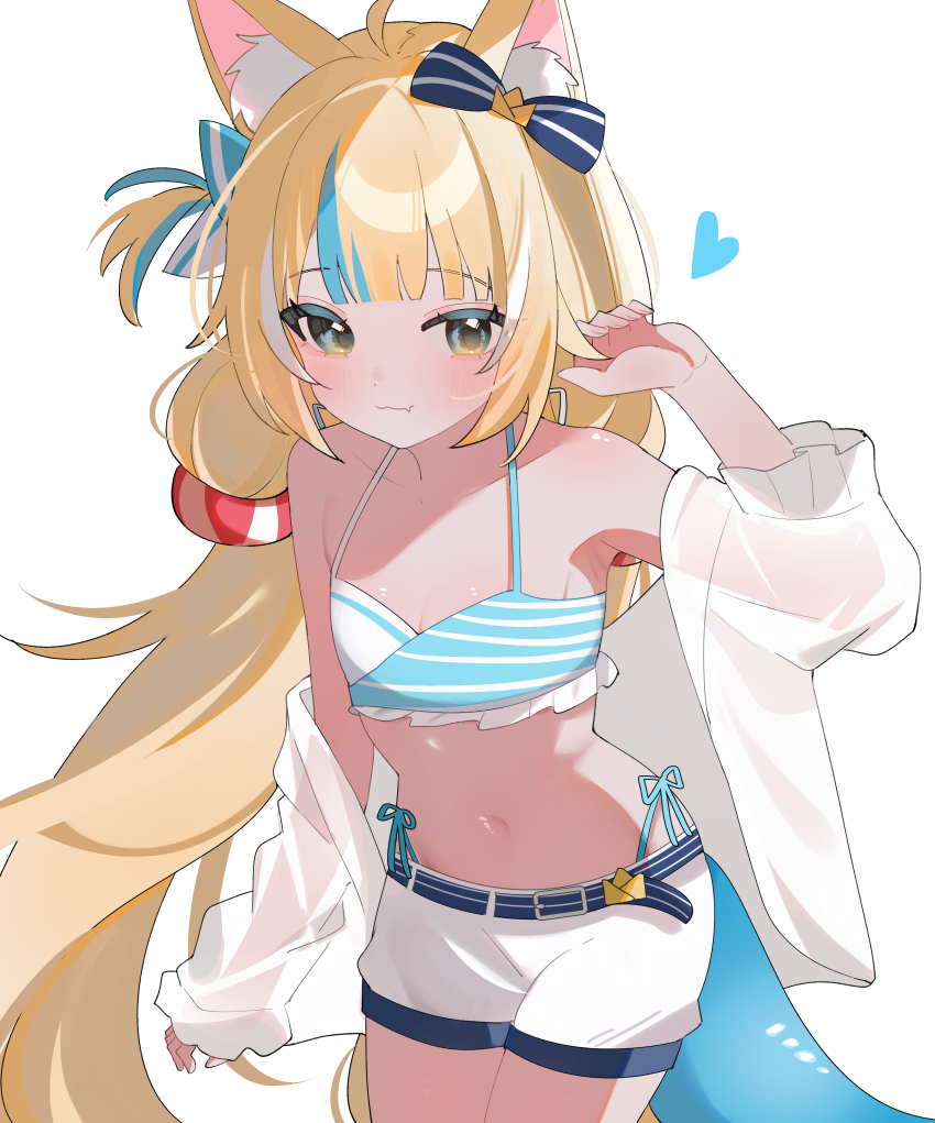 1girl :3 absurdres ahoge animal_ear_fluff animal_ears bikini bikini_under_shorts blonde_hair blue_background blue_bikini blue_bow blue_eyes blue_hair blunt_bangs bow breasts cat_ears cleavage commentary fang fins fish_girl fish_tail hair_bow hair_flaps halterneck hana20000920 hand_up highleg highleg_bikini highres indie_virtual_youtuber jacket jacket_partially_removed lifebuoy_hair_ornament long_hair looking_at_viewer low_twintails multicolored_hair navel one_side_up sameko_saba see-through_clothes see-through_sleeves short_shorts shorts side-tie_bikini_bottom simple_background single_sleeve_past_wrist skin_fang small_breasts solo streaked_hair swimsuit symbol-only_commentary tail thighhighs twintails very_long_hair virtual_youtuber white_background white_bikini white_hair white_shorts yellow_eyes