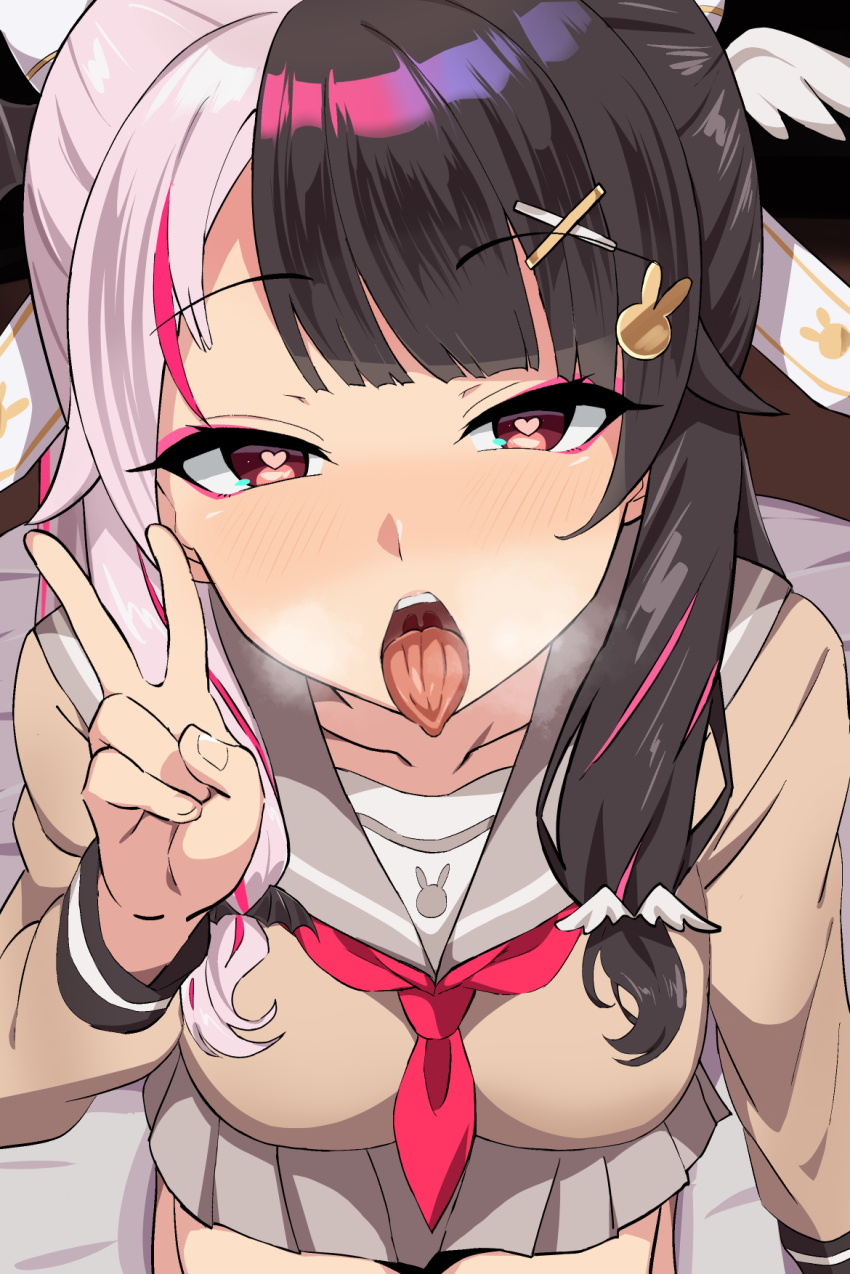 1girl black_hair blush breasts commentary_request commission eyeshadow from_above hair_ornament hair_ribbon heart heart-shaped_pupils heavy_breathing highres large_breasts long_hair looking_at_viewer makeup multicolored_hair nijisanji official_alternate_costume on_bed open_mouth paid_reward_available pink_eyeshadow pink_hair pleated_skirt rabbit_hair_ornament red_eyes ribbon school_uniform sexually_suggestive skeb_commission skirt solo split-color_hair streaked_hair symbol-shaped_pupils tamaki_(tamakikan) tongue tongue_out two-tone_hair v virtual_youtuber white_hair x_hair_ornament yorumi_rena yorumi_rena_(9th_costume)