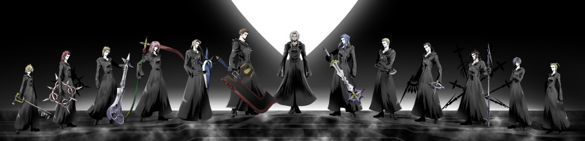 1girl 6+boys absurdres axel bad_id bad_pixiv_id black_coat_(kingdom_hearts) black_hair blonde_hair blue_eyes blue_hair brown_eyes brown_hair card chakram dagger demyx everyone gloves gun highres holding holding_card hood instrument keyblade kingdom_hearts kingdom_hearts_ii knife kunai larxene lexaeus long_hair long_image luxord marluxia multiple_boys organization_xiii pink_hair polearm red_hair robe roxas saix scythe shield short_hair silver_hair sitar spear sword tomahawk uniform vexen weapon wide_image xaldin xemnas xigbar yahotoka zexion