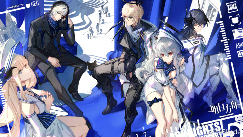 3boys arknights black_hair blonde_hair blue_eyes dress elysium_(arknights) executor_(arknights) executor_the_ex_foedere_(arknights) feather_hair_ornament feathers grey_hair gummy_(arknights) hair_ornament hat highres horns istina_(arknights) leto_(arknights) logos_(arknights) long_hair looking_back multiple_boys multiple_girls neck_ribbon nightingale_(arknights) red_eyes ribbon rosa_(arknights) skade specter_(arknights) thigh_strap white_dress zima_(arknights)