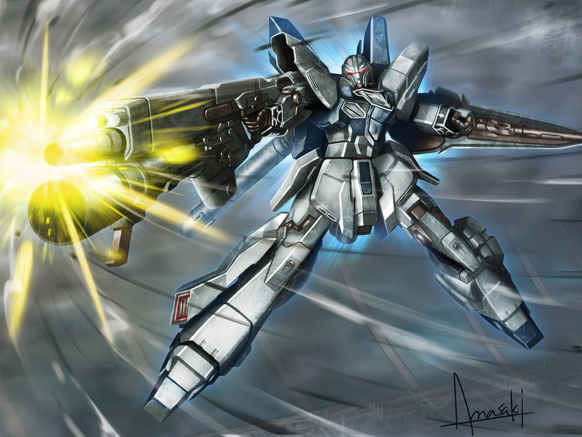amasaki_yusuke commentary_request firing flying gundam gundam_narrative machinery mecha mecha_focus mobile_suit muzzle_flash neo_zeon no_humans o&#039;neill_cylinder robot science_fiction shield signature sinanju_stein space_habitat spacecraft_interior weapon