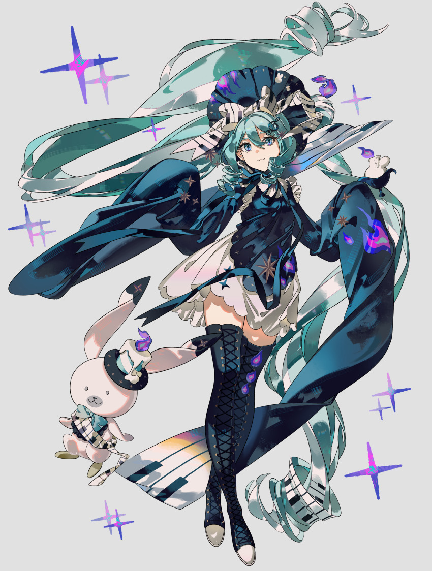 1girl absurdly_long_hair absurdres aqua_hair blue_eyes boots commission crown drill_hair floating full_body gloves hair_ornament hatsune_miku highres instrument labroiy lace-up_boots long_hair looking_at_viewer rabbit rabbit_yukine simple_background skirt thigh_boots thighhighs twintails very_long_hair vocaloid wide_sleeves