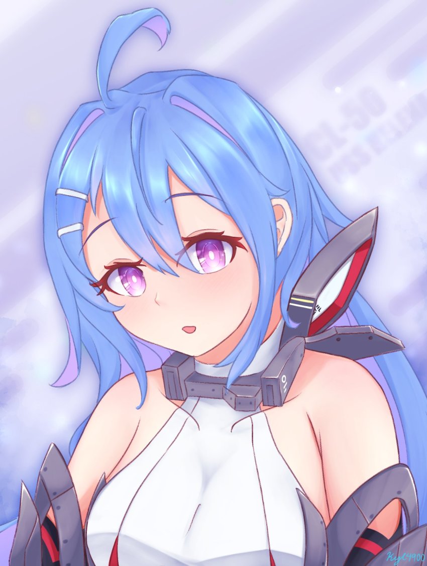 1girl ahoge azur_lane bare_shoulders blue_hair blush breasts character_name commentary english_commentary helena_(azur_lane) helena_(retrofit)_(azur_lane) highres kyl490 long_hair looking_at_viewer medium_breasts open_mouth purple_eyes red_eyes retrofit_(azur_lane) solo twitter_username upper_body