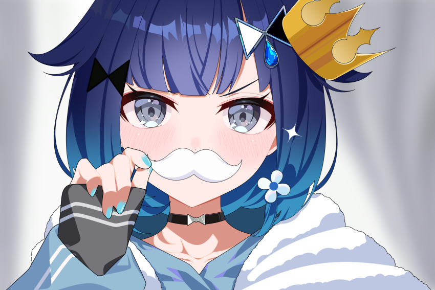 1girl black_choker blue_hair blue_nails blush choker crown fake_facial_hair grey_eyes hair_ornament highres looking_at_viewer mini_crown omas_lie portrait solo tsumugi_kokage virtual_youtuber vspo!
