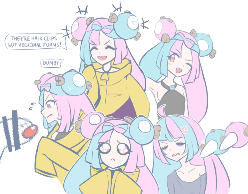 1girl bow-shaped_hair bulging_eyes censored character_hair_ornament creatures_(company) english_text eye_pop fake_censor game_freak hair_ornament hexagon_print highres iono_(pokemon) jacket long_hair long_sleeves low-tied_long_hair nintendo oversized_clothes pokemon pokemon_sv psycho_orb sharp_teeth single_leg_pantyhose sleeves_past_fingers sleeves_past_wrists speech_bubble teeth very_long_sleeves wiglett x yellow_jacket