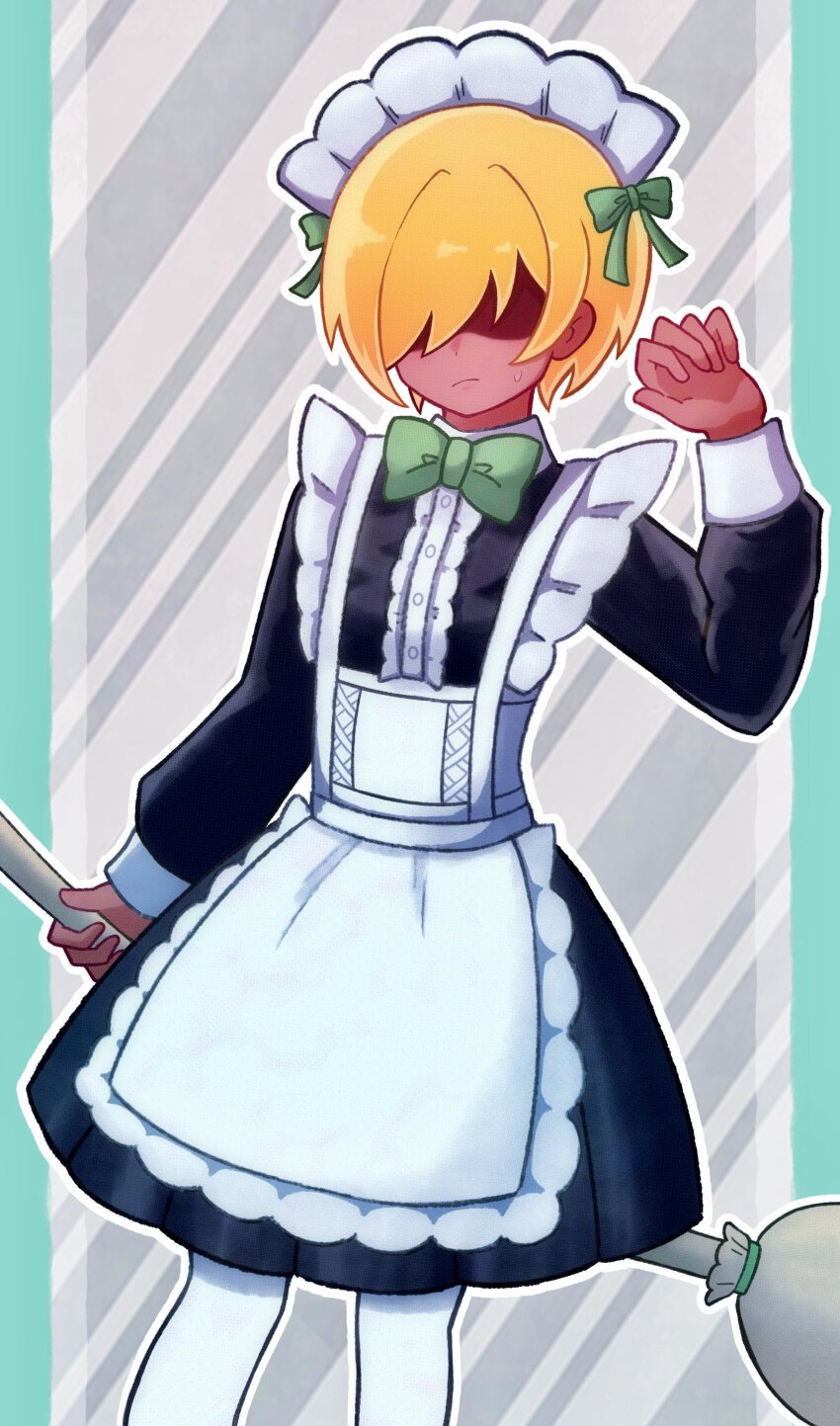 1boy absurdres alternate_costume apron arm_at_side black_dress blonde_hair bow bowtie broom center_frills closed_mouth collared_dress commentary_request crossdressing crossdressing_(mtf) dark-skinned_male dark_skin diagonal-striped_background dress enmaided feet_out_of_frame frilled_apron frills frown green_bow green_bowtie grey_background hair_over_one_eye hand_up headdress highres holding holding_broom long_sleeves maid maid_apron maid_headdress male_focus medium_dress mikhael_(omori) no_eyes omori outline outside_border pantyhose pillarboxed puffy_long_sleeves puffy_sleeves shaded_face short_hair simple_background solo striped_background sweatdrop traditional_bowtie white_apron white_headdress white_outline white_pantyhose white_sleeve_cuffs yu_kuli