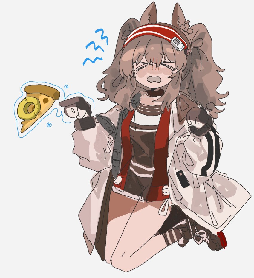 &gt;_&lt; 1girl angelina_(arknights) animal_ears arknights artistic_error black_choker black_gloves black_shirt black_shoes black_shorts brown_hair choker coat earpiece floating fox_ears fox_girl full_body gloves hairband hands_up highres jacket levitation long_hair long_sleeves odmised open_clothes open_coat open_jacket open_mouth originium_arts_(arknights) pineapple_on_pizza pointing pointing_at_object red_hairband red_jacket shirt shoes short_shorts shorts simple_background sneakers striped_clothes striped_hairband swimsuit_cover-up twintails two-tone_hairband wavy_mouth white_coat