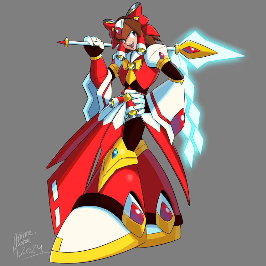 1girl android animemaster bow brown_eyes chest_jewel commentary crossover dated detached_sleeves english_commentary forehead_jewel full_body glowing glowing_weapon grey_background hair_bow hair_ribbon hair_tubes hakurei_reimu hand_on_own_hip highres holding holding_behind_back holding_polearm holding_polearm_behind_back holding_weapon holding_weapon_behind_back japanese_clothes jewelry looking_at_viewer mega_man_(series) mega_man_x_(series) miko open_mouth pole polearm red_bow red_ribbon ribbon robot_girl signature simple_background smile solo spear standing touhou weapon