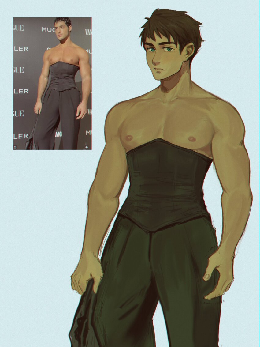 1boy bara bare_arms bare_pectorals blush feet_out_of_frame free! highres juni_(iloveyouapollo) large_pectorals looking_at_viewer male_focus muscular muscular_male narrow_waist nipples pants parody parody_request pectorals reference_inset short_hair solo standing yamazaki_sousuke