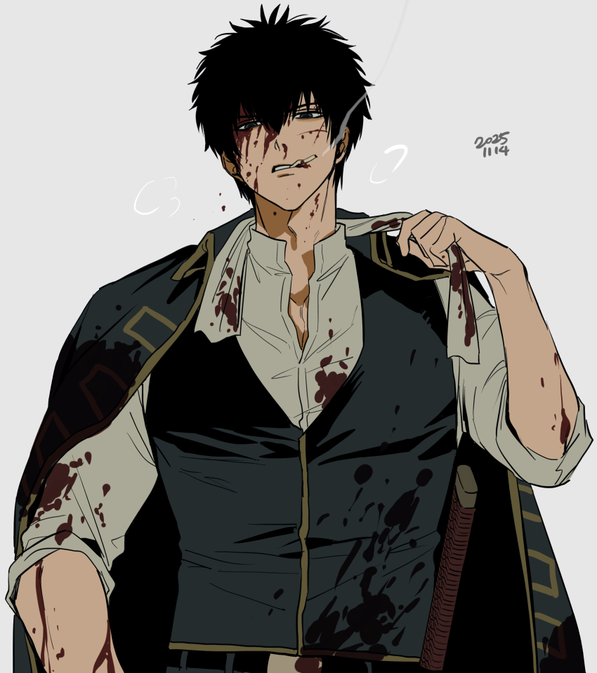 1boy absurdres arm_up black_eyes black_hair black_vest blood blood_on_clothes blood_on_face blood_splatter cigarette collared_shirt commentary_request dated gintama grey_background highres hijikata_toushirou holding jacket jacket_on_shoulders looking_at_viewer male_focus open_collar shinsengumi_(gintama) shirt short_hair simple_background smoke smoke_trail smoking solo teeth vest white_shirt xi_hsi
