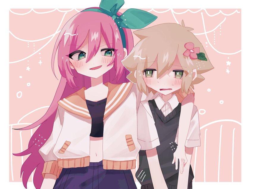 1boy 1girl antenna_hair aqua_headband aqua_headwear aubrey_(faraway)_(omori) aubrey_(omori) basil_(faraway)_(omori) basil_(omori) black_shirt blonde_hair blush collared_shirt denim denim_skirt flower green_eyes green_sweater_vest hair_between_eyes hair_flower hair_ornament highres jacket long_hair looking_at_another navel omori open_mouth pink_flower pink_hair sailor_collar shirt short_hair short_sleeves simple_background skirt smile sweat sweater_vest white_jacket white_shirt yellow_sailor_collar yuyuyu_m5