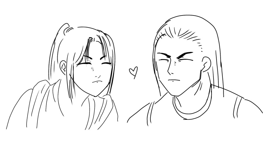 1boy 1girl andy_bogard closed_eyes fatal_fury heart highres japanese_clothes long_hair meme monochrome ponytail shiranui_mai sketch snk the_king_of_fighters
