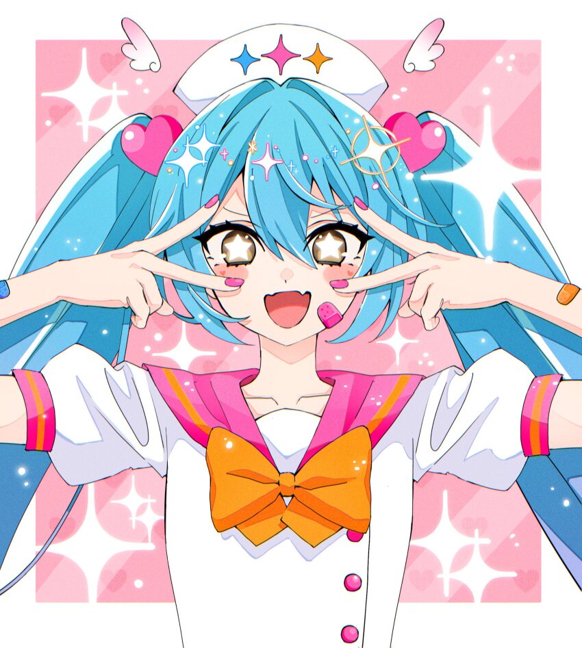 1girl aqua_hair bandaid blue_hair double_inward_v double_v grey_shirt hair_between_eyes hat hatsune_miku highres inward_v long_hair looking_at_viewer m@gical_cure!_love_shot!_(vocaloid) matsuri_(mi93ku_r) meme miku_miku_beaaaam!!_(meme) number_tattoo nurse_cap open_mouth shirt solo symbol-shaped_pupils tattoo twintails v v_over_eye