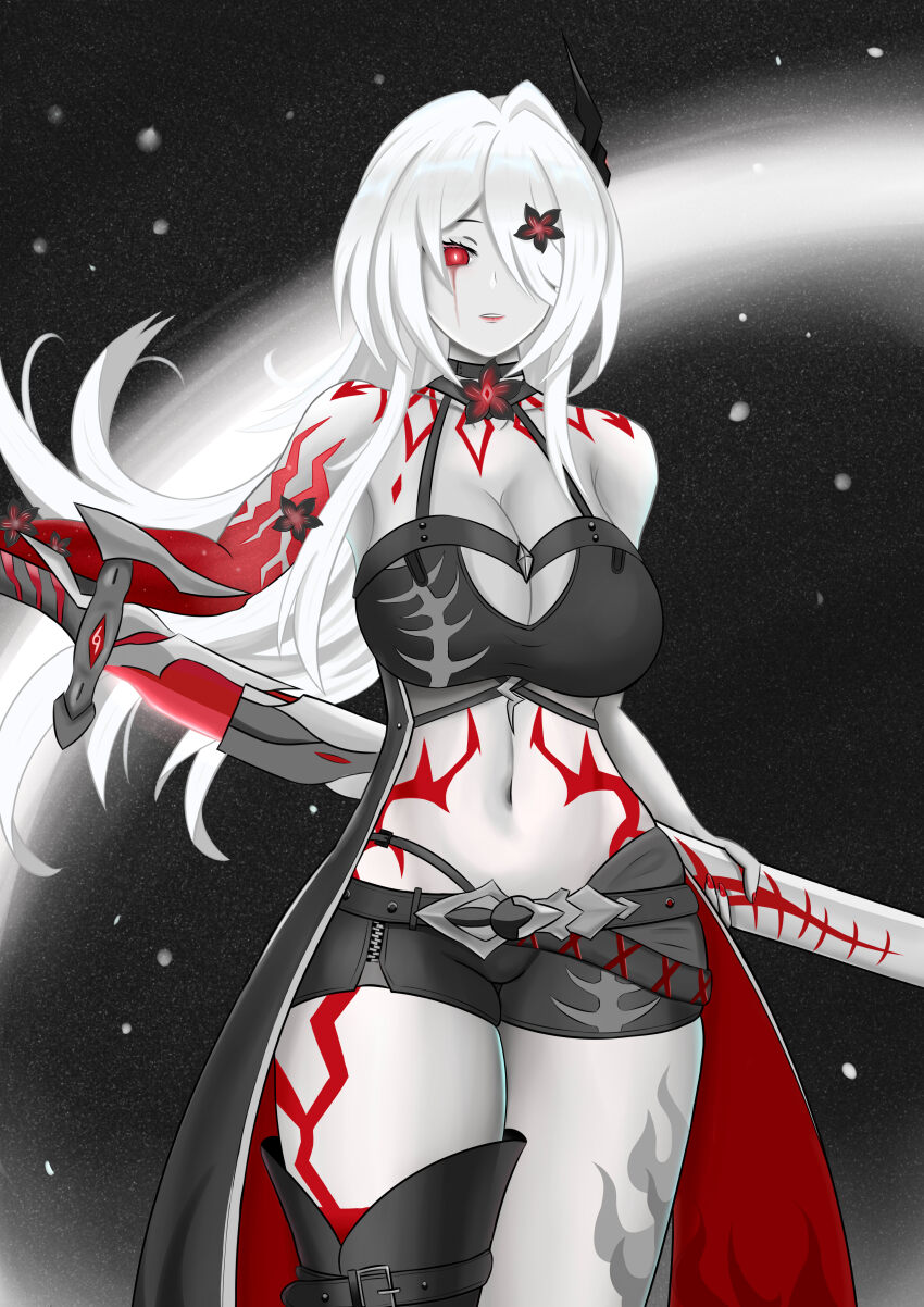 1girl absurdres acheron_(honkai:_star_rail) bare_shoulders belt black_belt black_choker black_coat black_hole black_shorts blood bloody_tears body_markings boots breasts bright_pupils choker cleavage coat coattails colored_extremities commentary_request cowboy_shot criss-cross_halter deadsmallbase drawing_sword flower hair_flower hair_intakes hair_ornament hair_over_one_eye halterneck highres holding holding_sheath holding_sword holding_weapon honkai:_star_rail honkai_(series) large_breasts leg_tattoo long_hair looking_at_viewer midriff monochrome navel official_alternate_color parted_lips partial_commentary red_eyes red_flower red_hands red_nails scabbard sheath short_shorts shorts single_thigh_boot solo spot_color standing sword tattoo thigh_boots unsheathing weapon white_pupils