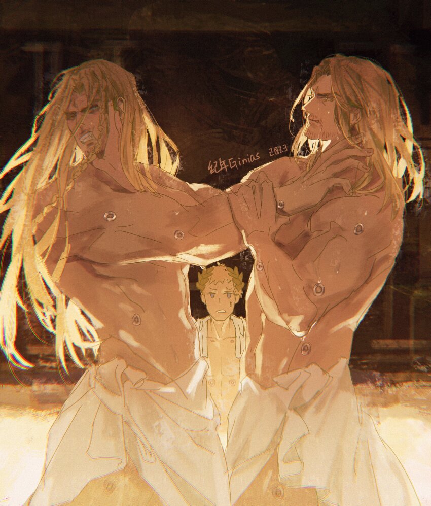 3boys absurdres artist_name bathhouse beard_stubble blonde_hair blurry braid cheek_press chromatic_aberration clenched_teeth closed_mouth commentary dark_angels depth_of_field english_commentary facial_hair fangs feet_out_of_frame fighting ginias highres indoors laurel_crown leman_russ lion_el&#039;jonson long_hair looking_at_another male_focus mature_male multiple_boys mustache_stubble naked_towel primarch roboute_guilliman sauna sharp_teeth single_braid space_wolves standing stubble sweatdrop teeth towel ultramarines very_long_hair warhammer_40k wet