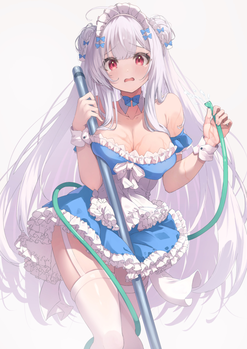 1girl apron armpit_crease azur_lane bare_shoulders blue_bow blue_bowtie blue_dress bow bowtie breasts cleavage commentary_request cowboy_shot cygnet_(an_offer_to_be_maid)_(azur_lane) cygnet_(azur_lane) detached_collar double_bun dress grey_background hair_bun highres holding holding_hose hose large_breasts long_hair looking_at_viewer maid maid_apron maid_headdress miimu_(nelreg3) official_alternate_costume open_mouth red_eyes simple_background solo tearing_up thighhighs white_hair white_thighhighs white_wrist_cuffs wrist_cuffs