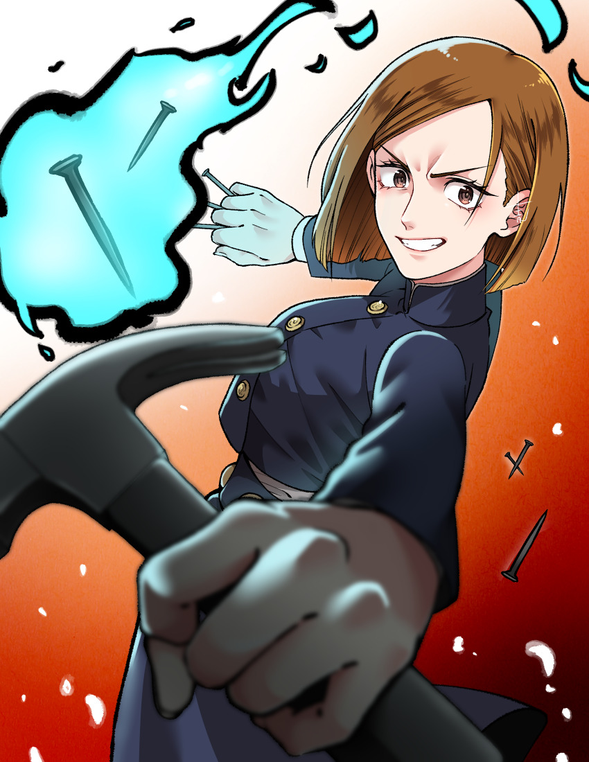 1girl blurry breasts brown_background brown_eyes brown_hair commentary_request depth_of_field from_side gradient_background grin hammer highres holding holding_hammer holding_nail jujutsu_kaisen jujutsu_tech_uniform kugisaki_nobara large_breasts magic mugicha_(zoro1132) nail_(hardware) perspective short_hair smile solo swept_bangs v-shaped_eyebrows