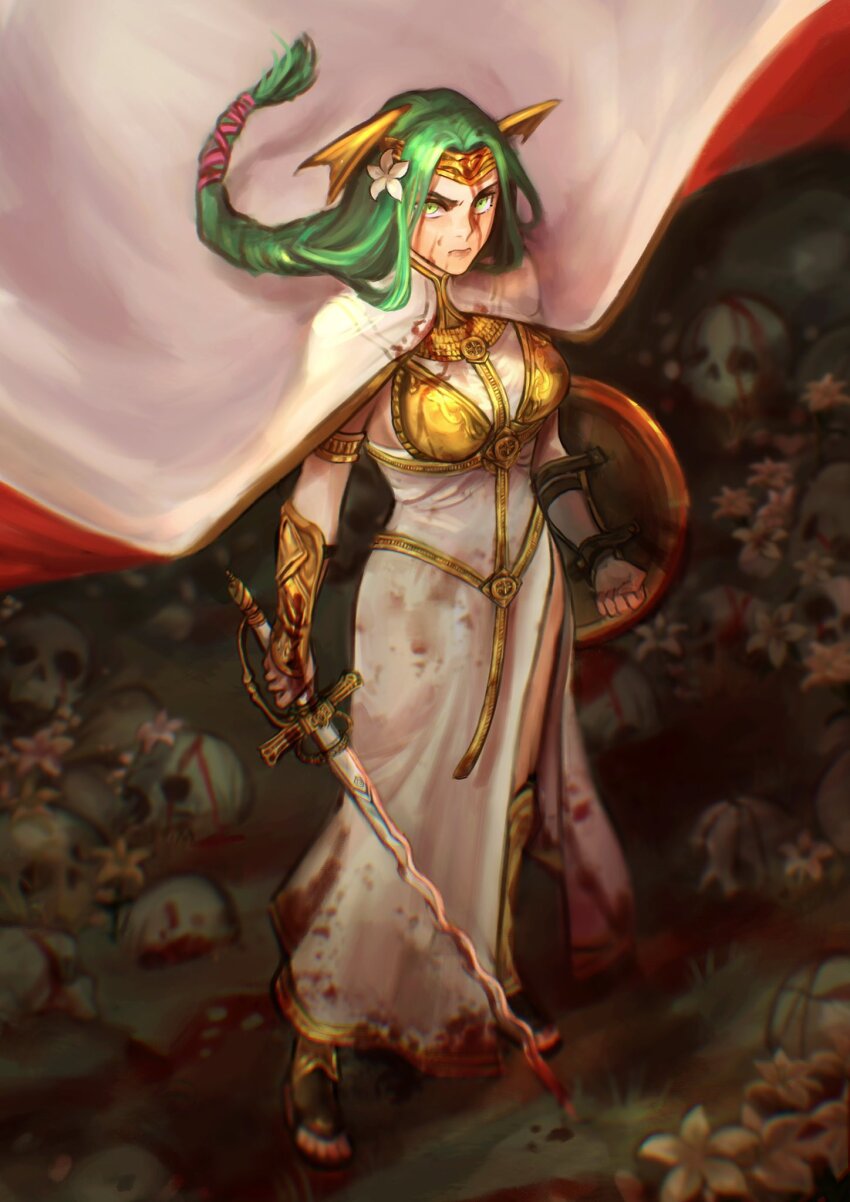 1girl armor armored_dress blood blood_on_clothes blood_on_face breasts cape commission commissioner_upload dress fire_emblem fire_emblem:_three_houses flower green_eyes green_hair hair_flower hair_ornament head_wings highres holding holding_shield holding_sword holding_weapon medium_breasts nintendo ponytail seiros_(fire_emblem) sethkiel shield skull solo sword sword_of_seiros weapon white_flower wings