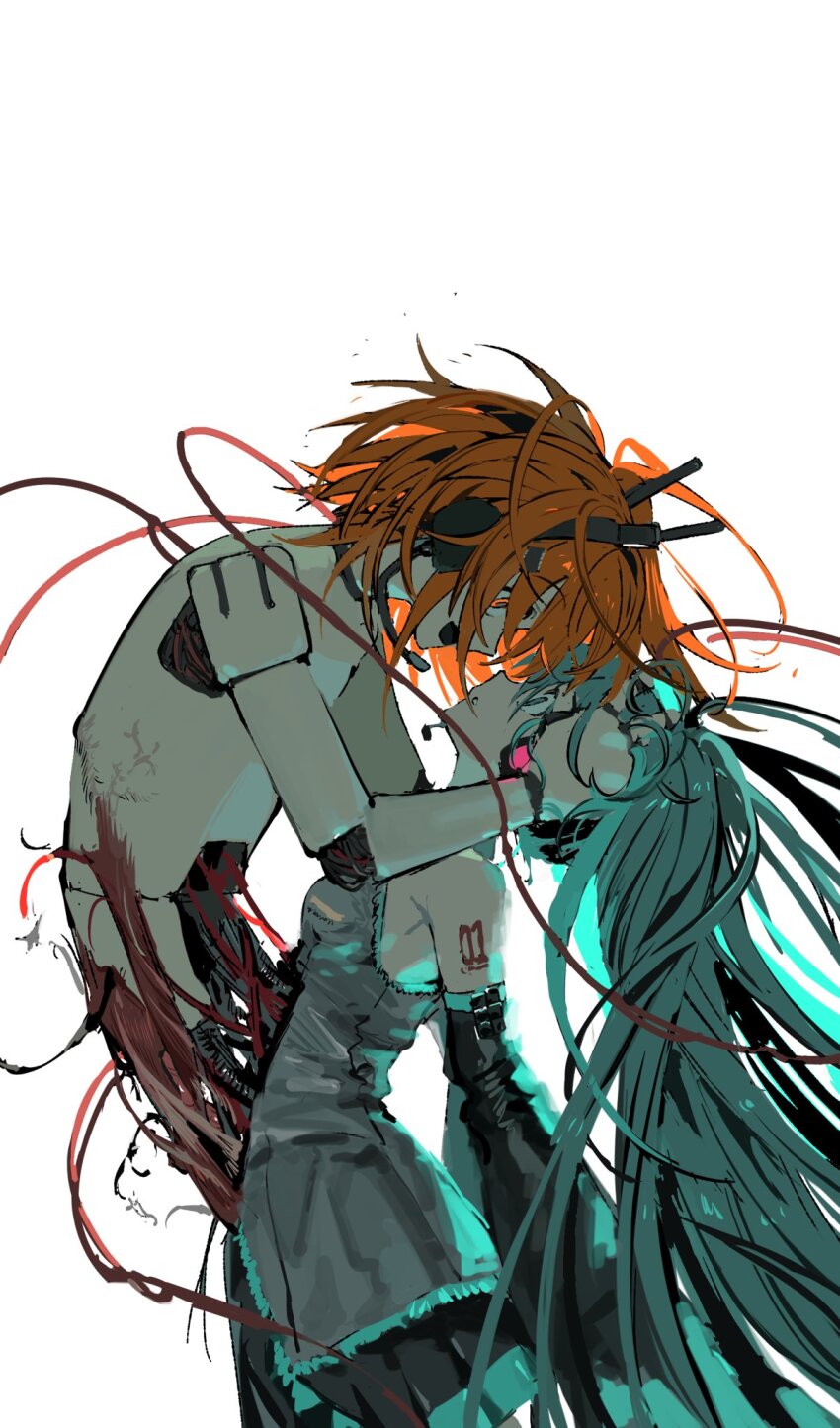 2girls a.i._voice adachi_rei amputee android arched_back bare_shoulders bending_backward black_skirt black_sleeves blood blue_eyes breasts bursting cable conjoined cowboy_shot crazy detached_sleeves double_amputee face-to-face floating_hair from_side glowing glowing_eyes grey_shirt hands_on_another&#039;s_head hatsune_miku head_grab headset highres hole_in_stomach joints legless_amputee long_hair long_sleeves mechabare medium_breasts medium_hair multiple_girls natwjeq number_tattoo open_mouth orange_eyes orange_hair parted_lips pleated_skirt profile robot_joints shirt shoulder_tattoo simple_background skirt sleeveless sleeveless_shirt smile standing tattoo twintails utau very_long_hair vocaloid white_background wide-eyed