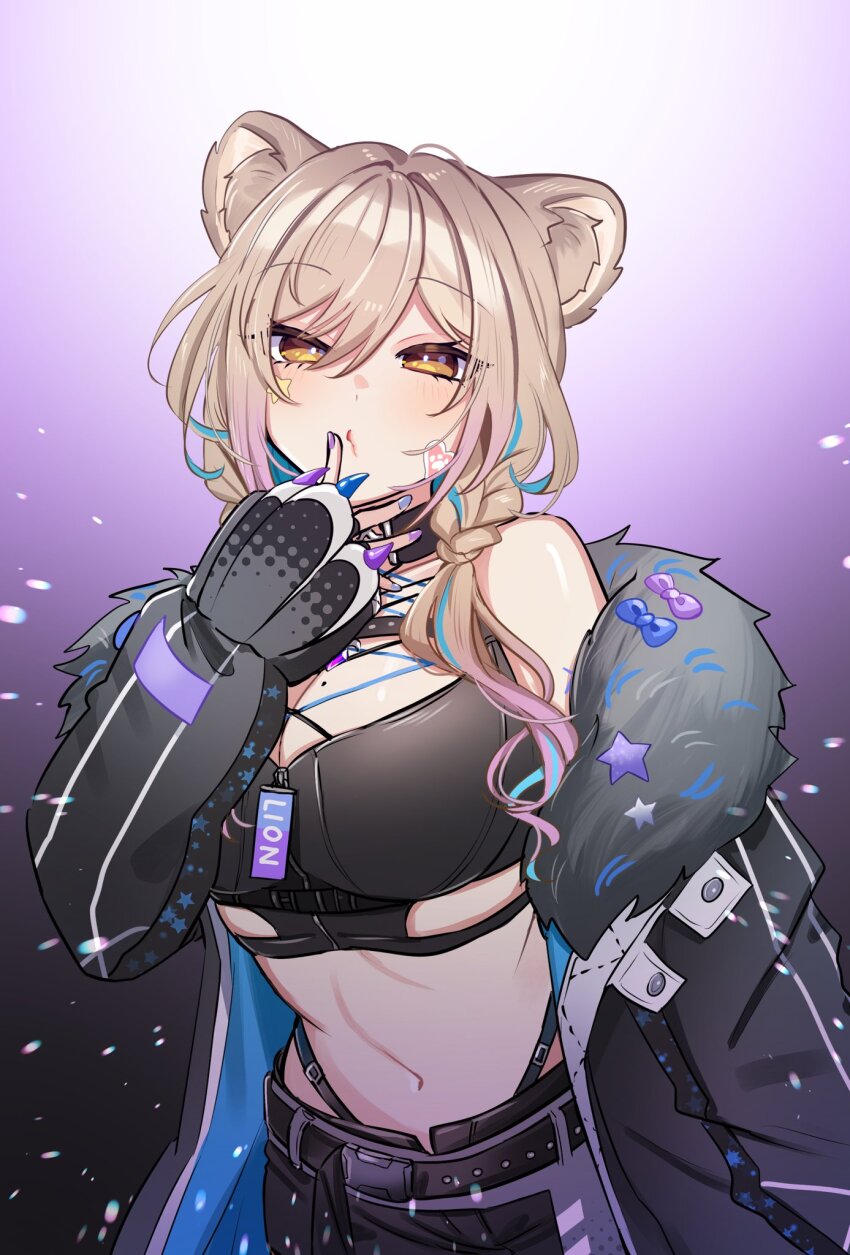 1girl animal_ears bare_shoulders black_choker black_jacket black_shirt blonde_hair breasts choker cleavage commission crop_top fur_trim gradient_background hand_up hazumi_aileen highleg highres indie_virtual_youtuber jacket kanono large_breasts lion_ears long_hair looking_at_viewer midriff mole mole_on_breast navel off_shoulder panty_straps shirt sleeveless sleeveless_shirt solo stomach upper_body vgen_commission yellow_eyes