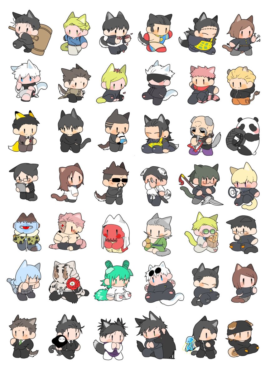 animal_ears black_eyes black_hair black_suit blonde_hair brown_eyes brown_suit cat_ears cat_tail character_request chibi chibi_only cigar closed_eyes everyone formal_clothes getou_suguru getou_suguru_(kenjaku) green_eyes green_robe hakari_kinji hands_in_pockets highres higuruma_hiromi ieiri_shoko itadori_yuuji jogo_(jujutsu_kaisen) jujutsu_kaisen jujutsu_tech_uniform kashimo_hajime kugisaki_nobara lion_ears lion_tail long_hair mahito_(jujutsu_kaisen) mole mole_under_eye nanami_kento necktie okkotsu_yuuta orange_pants pac-man_eyes panda_(jujutsu_kaisen) pants pikachu_ears robe short_hair simple_background smoking suit tail white_background zen&#039;in_maki