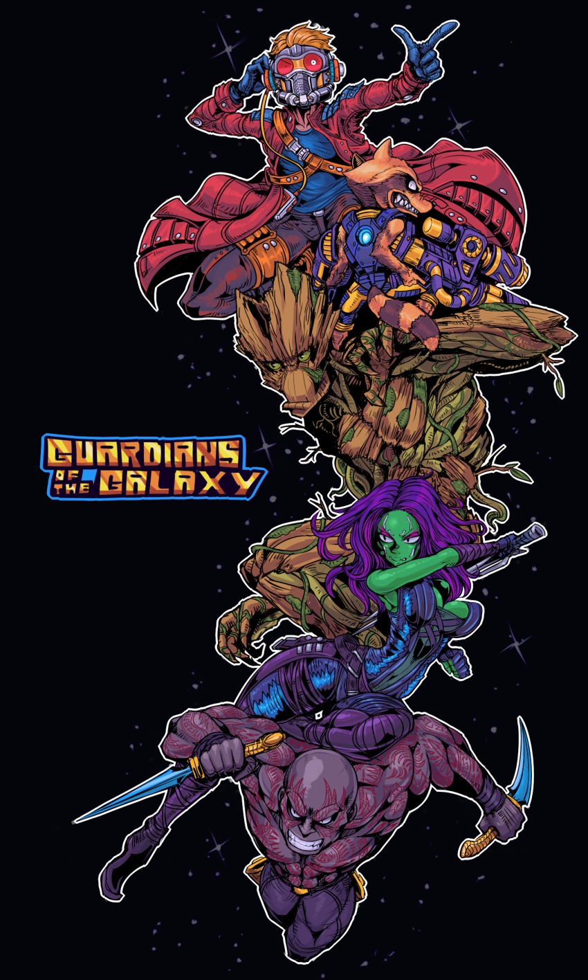 1girl 2boys absurdres animification dagger drax_the_destroyer gamora groot guardians_of_the_galaxy gun highres knife marvel marvel_cinematic_universe multiple_boys peter_quill reverse_grip rocket_raccoon tagane weapon