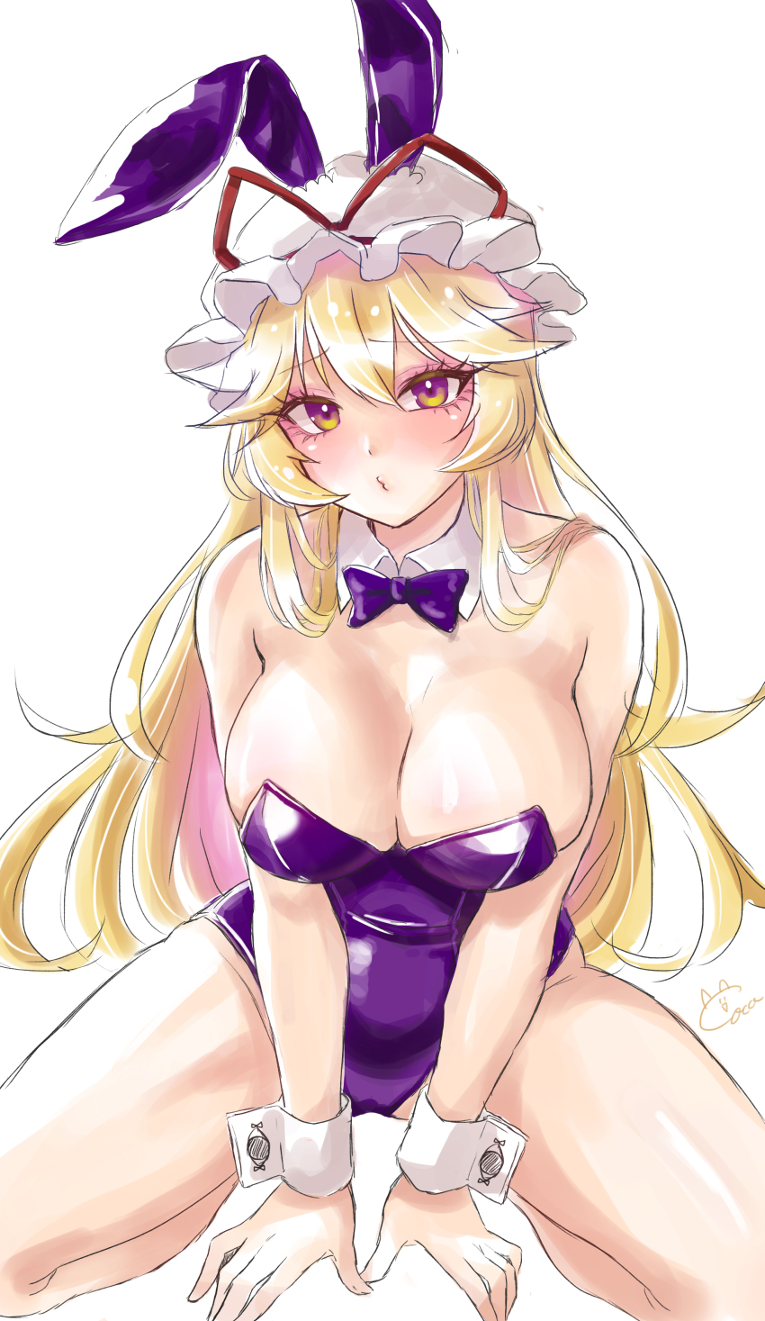 0002koko 1girl absurdres alternate_costume animal_ears arm_support bare_shoulders blonde_hair blush bow bowtie breasts cleavage commentary_request detached_collar eyelashes fake_animal_ears hair_between_eyes hair_over_shoulder hat hat_ribbon highleg highleg_leotard highres kneeling knees_out_of_frame large_breasts leaning_forward leotard long_hair looking_at_viewer mature_female mob_cap o3o playboy_bunny purple_bow purple_bowtie purple_eyes purple_leotard rabbit_ears raised_eyebrows red_ribbon ribbon shiny_skin shy sidelocks signature simple_background solo strapless strapless_leotard thighs touhou tsurime very_long_hair white_background white_hat white_wrist_cuffs wrist_cuffs yakumo_yukari