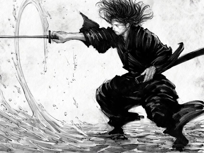1boy adam&#039;s_apple closed_mouth facial_hair fighting_stance full_body greyscale highres holding holding_sheath holding_sword holding_weapon japanese_clothes katana kotatsumuri_(yaugau) long_sleeves male_focus mature_male messy_hair miyamoto_musashi_(vagabond) monochrome mustache sheath short_hair solo sword vagabond wading water_drop weapon