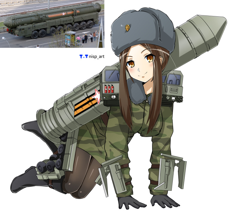 1girl absurdres all_fours blush brown_eyes brown_hair camouflage facing_viewer full_body gloves hat highres humanization long_hair long_sleeves looking_at_viewer mature_female military military_uniform missile nisp_art original personification photo-referenced ribbon_of_saint_george rs-24_yars russian_ground_forces smile ushanka white_background