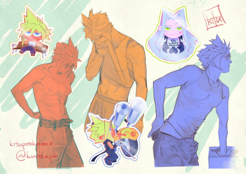 2girls abs belt blonde_hair blue_eyes breasts chibi chibi_inset clothes_lift cloud_strife commentary english_commentary final_fantasy final_fantasy_vii genderswap genderswap_(mtf) green_eyes grey_hair highres kurdupl long_hair motor_vehicle motorcycle multiple_belts multiple_girls pants parted_bangs parted_lips sephiroth shirt_lift short_hair signature small_breasts spiked_hair sweat tank_top topless_female twitter_username wiping_mouth yuri