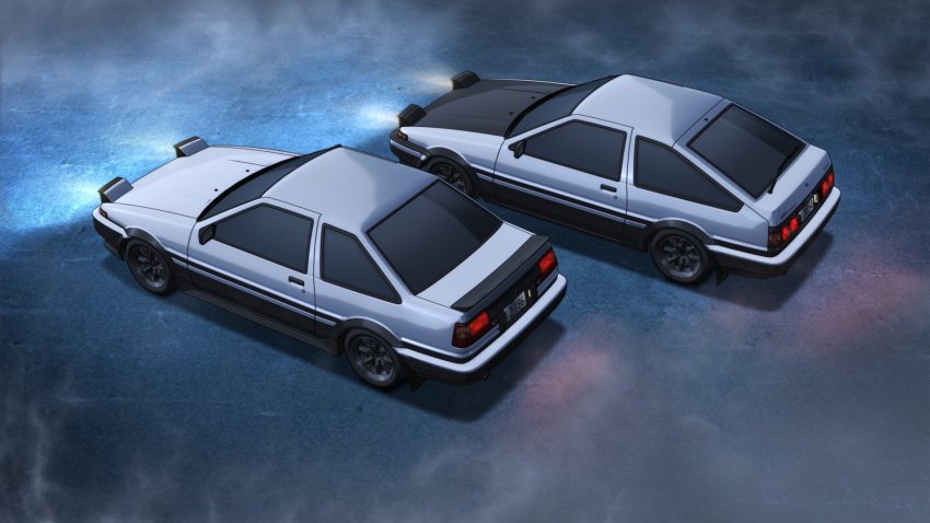 ae86 car coupe_(heartcatch_precure!) from_above hatchback highres initial_d lights motor_vehicle night no_humans official_art official_wallpaper outdoors road smoke toyota toyota_sprinter_trueno toyota_sprinter_trueno_gt-apex toyota_trueno vehicle_focus