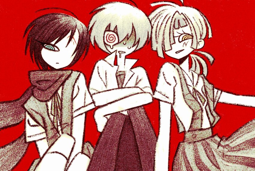 1boy 2girls @_@ arms_on_knees blue_eyes blunt_ends character_request check_character collared_shirt cosplay demian_(project_moon) dripping_eye drooling facial_mark feet_out_of_frame forehead_mark genderswap genderswap_(mtf) girl_sandwich hair_over_one_eye half-closed_eye highres homilpain ikari_shinji ikari_shinji_(cosplay) kishimen_hair knees_up kromer_(project_moon) limbus_company limited_palette low_ponytail medium_hair multiple_girls neck_ribbon neon_genesis_evangelion nervous_sweating one_eye_covered pants parted_lips ponytail popped_collar project_moon red_background red_eyes red_pants red_scarf ribbon ringed_eyes sandwiched scarf school_uniform shaded_face shirt short_hair simple_background sinclair_(project_moon) sitting skirt smile suspender_skirt suspenders sweat tokyo-3_middle_school_uniform undershirt wide-eyed yellow_eyes