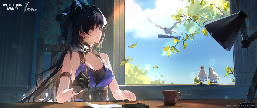 1girl absurdres arm_strap bare_shoulders beret bird black_bow black_collar black_eyes black_gloves black_hair blue_hat blue_shirt bow breasts calligraphy_brush closed_mouth collar collarbone commentary copyright_notice cup desk_lamp english_commentary feather_hair gloves hat hat_bow highres holding holding_calligraphy_brush holding_paintbrush lamp leaf logo long_hair looking_outside medium_breasts mole mole_under_eye official_art paintbrush shirt shirt_tucked_in single_glove smile solo window wuthering_waves yangyang_(wuthering_waves)