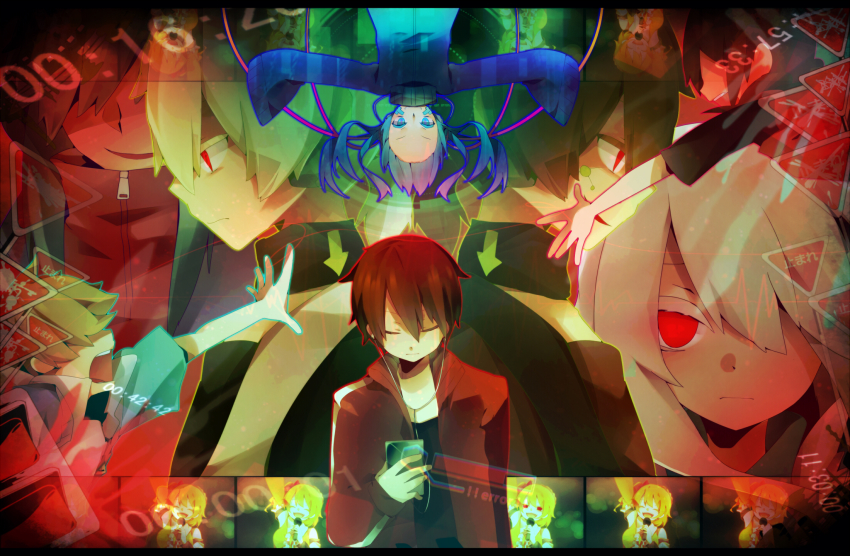 aka_tonbo_(lililil) amamiya_hibiya asahina_hiyori black_hair blue_eyes blue_hair ene_(kagerou_project) hibiya_(kagerou_project) highres hood hoodie kagerou_days_(vocaloid) kagerou_project kano_shuuya kido_tsubomi kisaragi_momo kisaragi_shintarou konoha_(kagerou_project) kozakura_marry long_hair microphone multiple_boys multiple_girls reaching red_eyes road_sign short_hair sign silver_hair twintails upside-down vocaloid