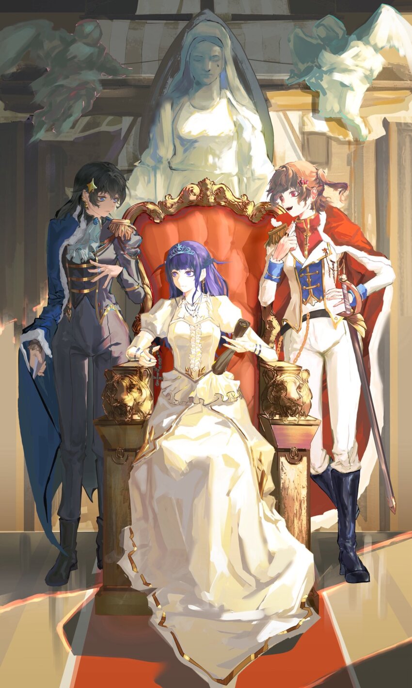 3girls black_hair blue_eyes boots brown_hair cape day dress epaulettes fang full_body fur-trimmed_cape fur_trim hair_ornament highres indoors kagura_hikari kujou_karen long_hair medium_hair multiple_girls open_mouth pants purple_eyes purple_hair qisu_zhang red_eyes scabbard sheath shoujo_kageki_revue_starlight sitting_on_throne standing star_(symbol) star_hair_ornament statue sunlight sword tiara tsuyuzaki_mahiru twintails weapon