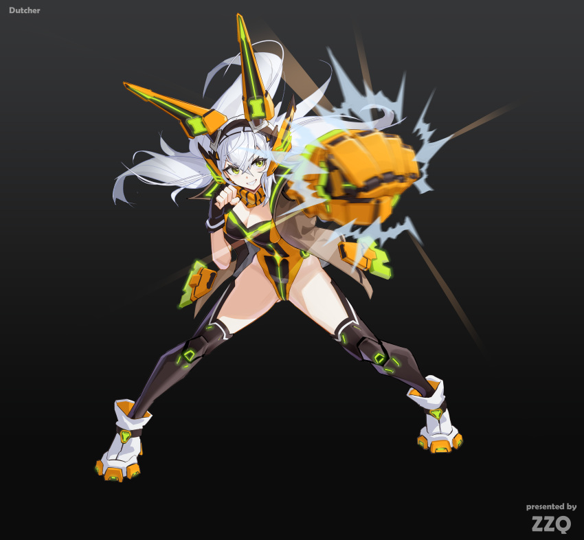 1girl absurdres animal_ears artist_name black_background black_gloves black_leotard black_thighhighs boots breasts brown_jacket cleavage clenched_hand fake_animal_ears fingerless_gloves floating_hair full_body gloves gradient_background green_eyes grin hair_between_eyes headgear highleg highleg_leotard highres incoming_attack jacket legs_apart leotard long_hair looking_at_viewer mecha_musume mechanical_ears medium_breasts motion_blur open_clothes open_jacket orange_leotard original punching robot_ears shoes smile solo thighhighs v-shaped_eyebrows white_hair yellow_leotard zzq