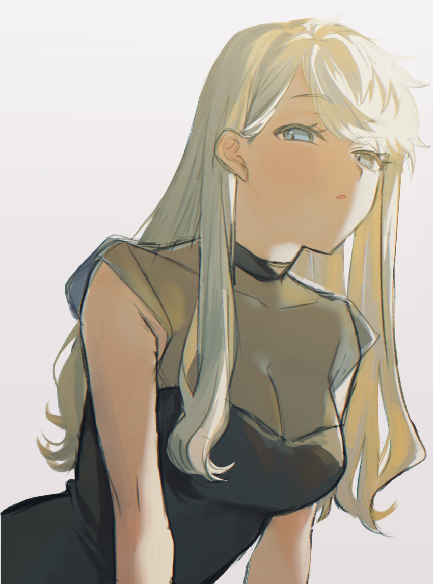 1girl black_dress blonde_hair blue_eyes breasts cleavage dress eyelashes from_side genderswap genderswap_(mtf) hair_behind_ear half-closed_eyes highres inukai_sumiharu kuzumiya_yuyu leaning_forward long_hair looking_at_viewer medium_breasts parted_lips see-through_clothes see-through_cleavage sideways_glance simple_background upper_body white_background world_trigger