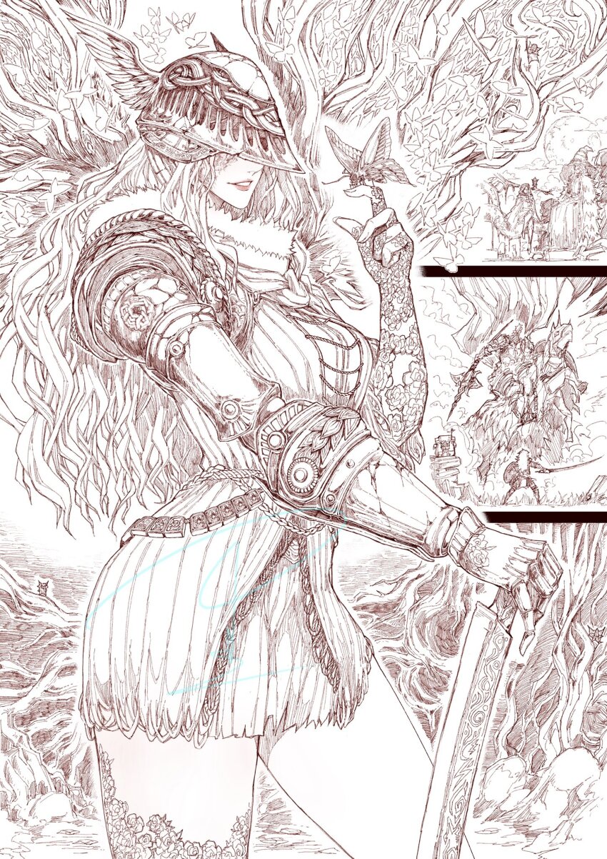 1girl amputee armor covered_eyes elden_ring gloves helmet helmet_over_eyes highres jun_wu_mo long_hair malenia_blade_of_miquella mechanical_arms open_mouth prosthesis prosthetic_arm prosthetic_leg single_mechanical_arm smile solo sword thick_thighs thighs weapon winged_helmet