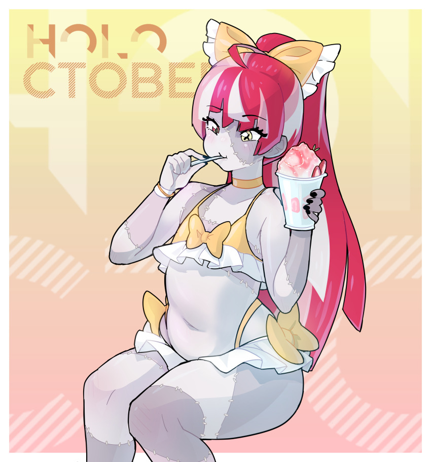1girl absurdres ahoge bikini blush border bow choker closed_mouth colored_skin commentary eating english_commentary food gradient_background grey_skin hair_bow highres holding holding_food hololive knee_blush kureiji_ollie long_hair morningpanda multicolored_hair navel outside_border parfait patchwork_skin pink_hair ponytail red_eyes red_hair sitting solo stitched_arm stitched_face stitched_leg stitches swimsuit thick_thighs thighs virtual_youtuber white_border yellow_bikini yellow_bow yellow_choker yellow_eyes