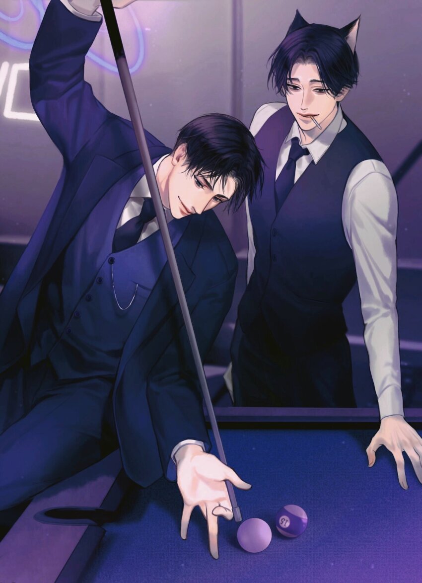 2boys animal_ears ball billiard_ball black_coat black_eyes black_hair black_jacket black_necktie black_pants black_vest blue_eyes blurry blurry_background cat_ears cigarette coat cowboy_shot hand_on_table highres holding holding_cigarette holding_cue_stick indoors jacket light_particles long_sleeves looking_at_object male_focus multiple_boys necktie neon_lights open_clothes open_coat original pants parted_lips pool_table shirt short_hair sitting sitting_on_table smile table thick_lips toscana20460423 vest white_shirt